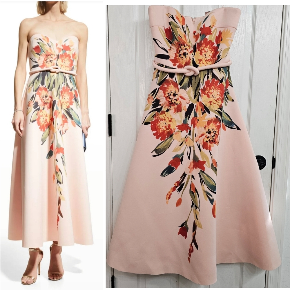 Badgley Mischka floral strapless dress peach coral pink small size 6